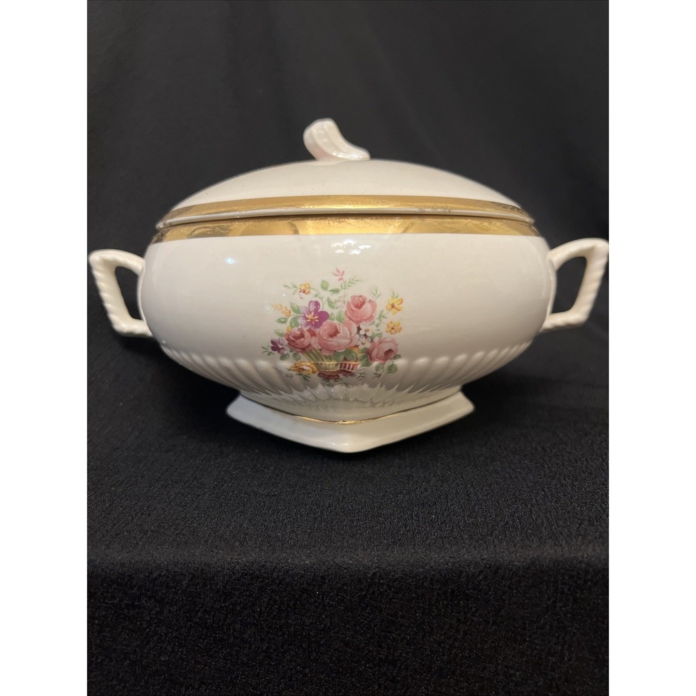 Vintage Porcelain Soup Tureen White 22k Gold Details Floral Royal China Of Ohio